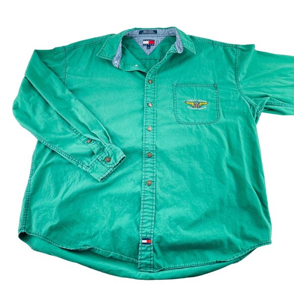 Vintage Tommy Jeans HIlfiger XL Green Denim Button-Up Shirt Mens Long Sleeves - Picture 1 of 4